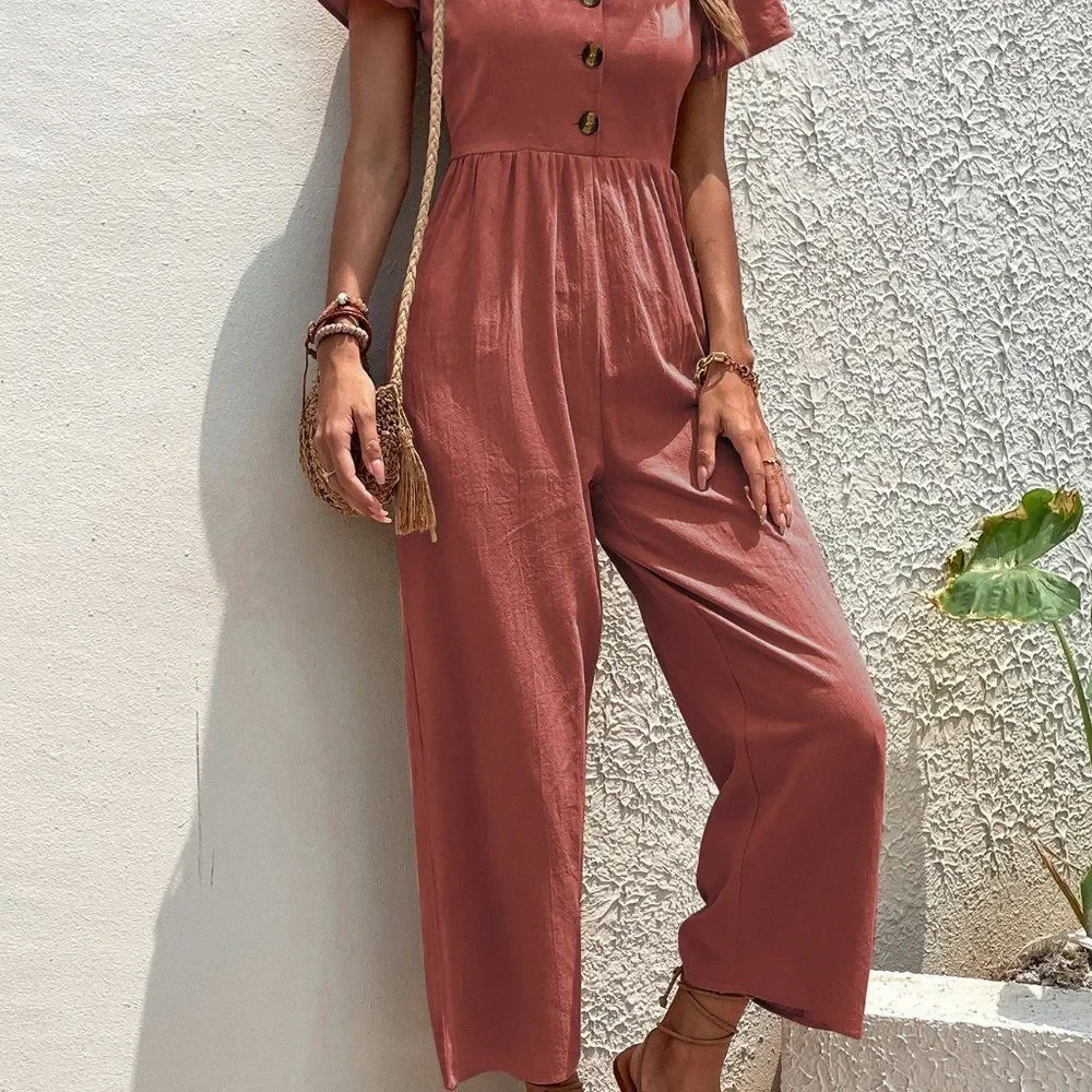New Puff Sleeve Zip Back Jumpsuit  Redwood - Picture 6 of 7